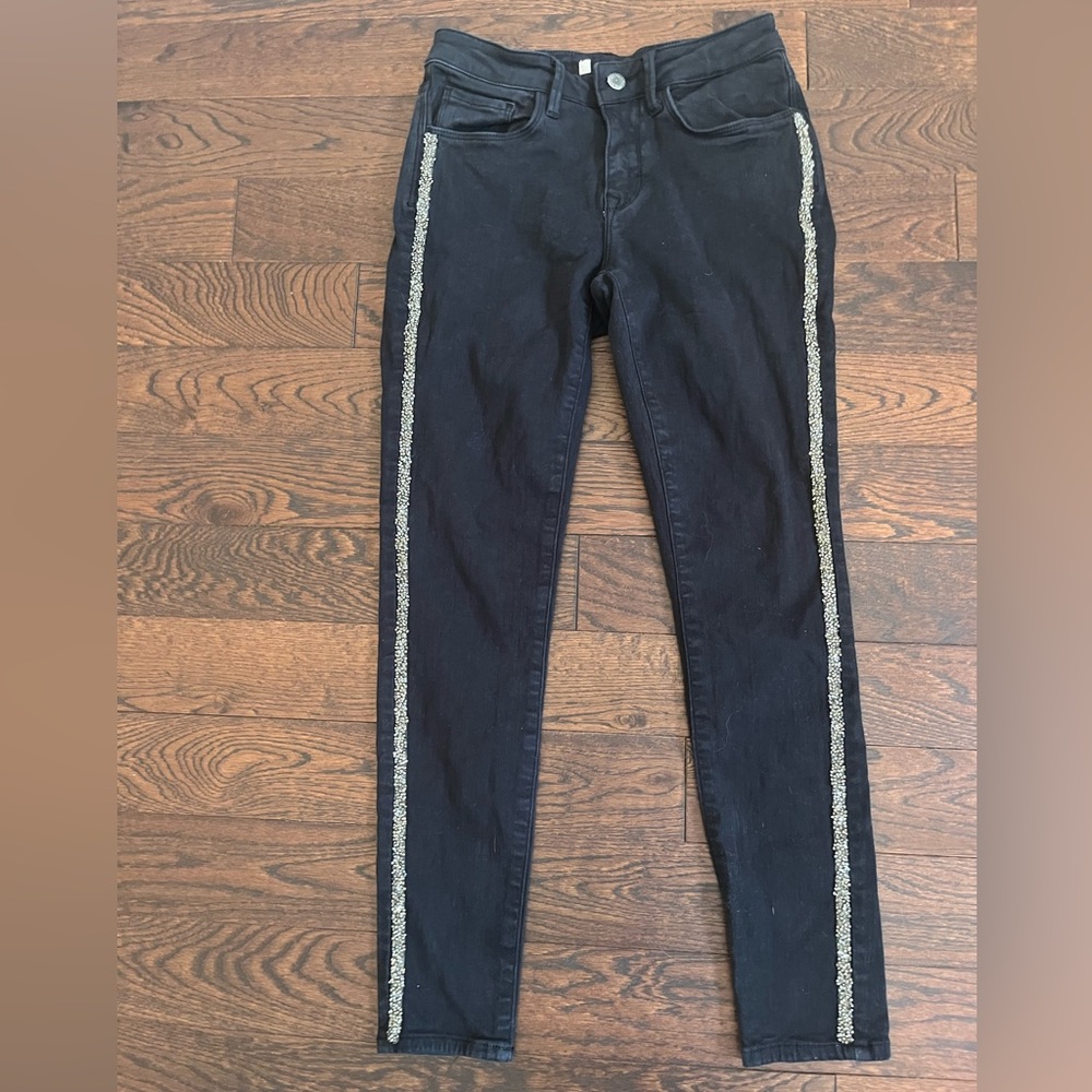 Zara Z1975 Black Skinny Jeans silver crystal tuxedo stripes